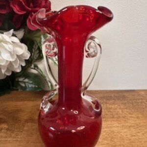 Vintage Ruby Red Art Glass Vase Clear Scroll Handles Ruffled Rim Elegant Mid-Cen